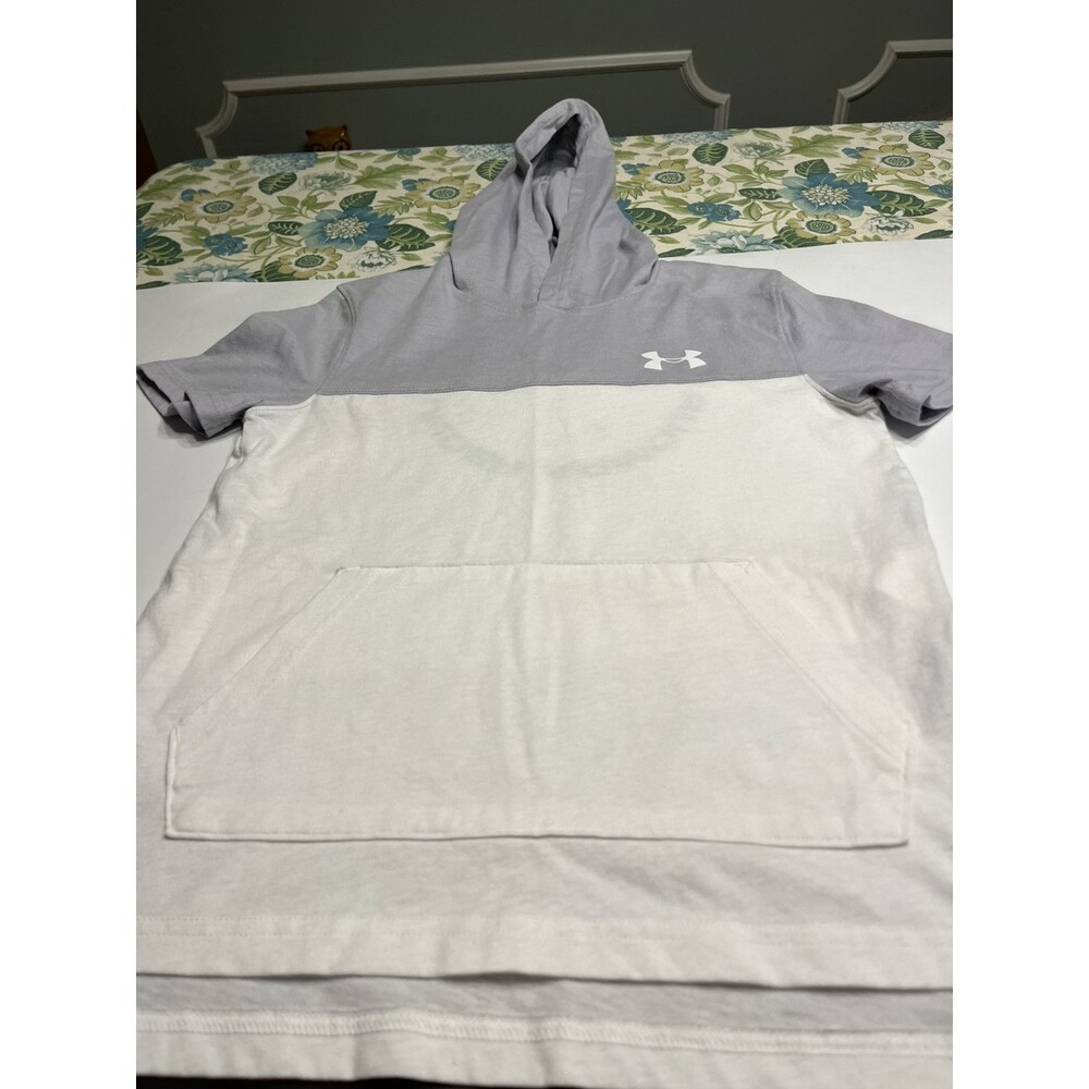 Under Armour Heat Gear Gray White Color Block Hooded Tee T Shirt Youth Small
